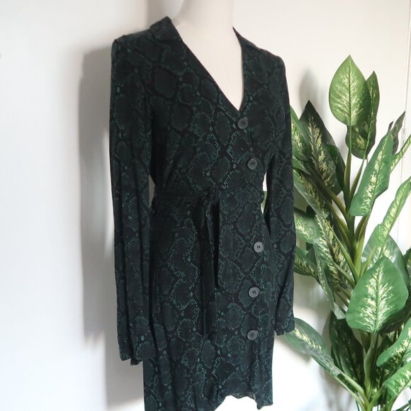 ZARA Green Black Snake Print Wrap Mini Dress Long Sleeve Belted Collared XS - Picture 6 of 12